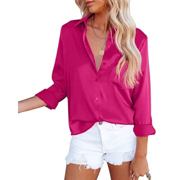 OMSJ Women's Elegant Satin V Neck Button Down Shirt