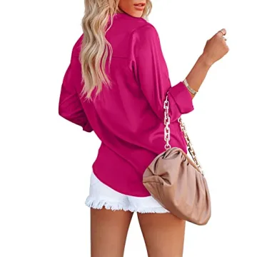 OMSJ Women's Elegant Satin V Neck Button Down Shirt