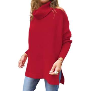 EFAN Women's Turtleneck Oversized Sweaters Fall Outfits Clothes Long Pullover Winter Tunic Tops 2025 Red Large