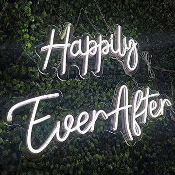 SYLHOME Large LED Neon Light Sign Happily Ever After 14.6"X7.5" + 20.9"X7.5" Wedding Ceremony Birthday Party Neon Art Wall Sign Decor Bedroom Home Bar Pub Decor Gift Night Light 12V Dimmer