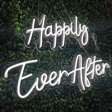 SYLHOME Large LED Neon Light Sign Happily Ever After 14.6"X7.5" + 20.9"X7.5" Wedding Ceremony Birthday Party Neon Art Wall Sign Decor Bedroom Home Bar Pub Decor Gift Night Light 12V Dimmer