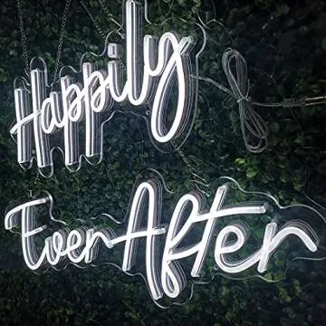SYLHOME Large LED Neon Light Sign Happily Ever After 14.6"X7.5" + 20.9"X7.5" Wedding Ceremony Birthday Party Neon Art Wall Sign Decor Bedroom Home Bar Pub Decor Gift Night Light 12V Dimmer