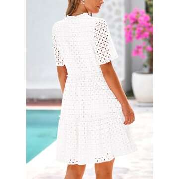PRETTYGARDEN Women's Short Sleeve Mini Dress 2025 Summer V Neck Hollow Out Eyelet Ruffle A Line Swing Short Dresses (Beige White,Large)