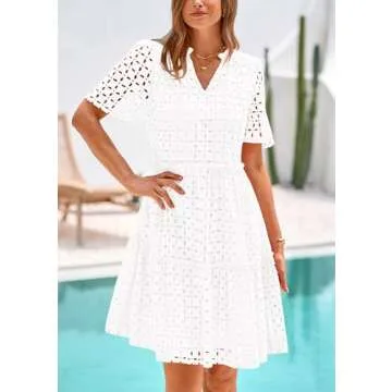 PRETTYGARDEN Women's Short Sleeve Mini Dress 2025 Summer V Neck Hollow Out Eyelet Ruffle A Line Swing Short Dresses (Beige White,Large)