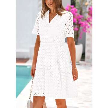 PRETTYGARDEN Women's Short Sleeve Mini Dress 2025 Summer V Neck Hollow Out Eyelet Ruffle A Line Swing Short Dresses (Beige White,Large)