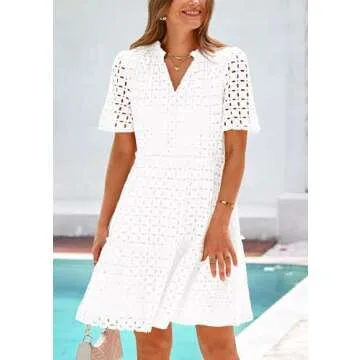PRETTYGARDEN Women's Short Sleeve Mini Dress 2025 Summer V Neck Hollow Out Eyelet Ruffle A Line Swing Short Dresses (Beige White,Large)