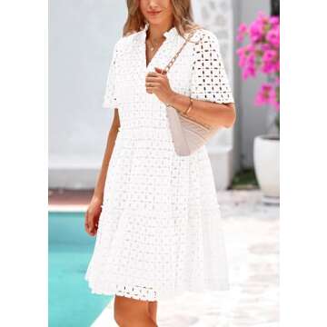 PRETTYGARDEN Women's Short Sleeve Mini Dress 2025 Summer V Neck Hollow Out Eyelet Ruffle A Line Swing Short Dresses (Beige White,Large)