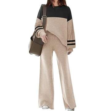 Disamer Womens 2 Piece Outfits Sweater Set Long Sleeve Knit Pullover Tops Wide Leg Pants Lounge Sets,Double Khaki,X-Large