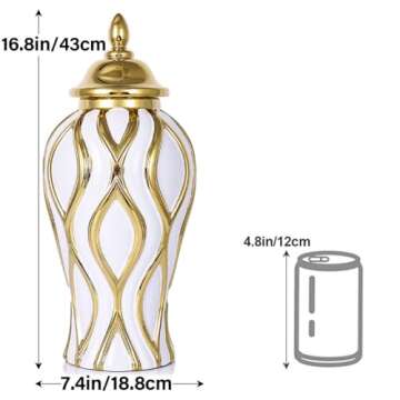 16.8" White and Gold Luxury Ceramic Ginger Jar with Vase Lid - Modern Geometry Ginger Jar Decorative...