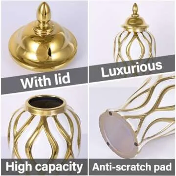 16.8" White and Gold Luxury Ceramic Ginger Jar with Vase Lid - Modern Geometry Ginger Jar Decorative Vase for Home Decor, Living Room, Kitchen, Dining Table, Cabinet, Bookshelf Decor, Storage Jar