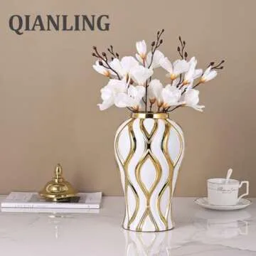 16.8" White and Gold Luxury Ceramic Ginger Jar with Vase Lid - Modern Geometry Ginger Jar Decorative Vase for Home Decor, Living Room, Kitchen, Dining Table, Cabinet, Bookshelf Decor, Storage Jar