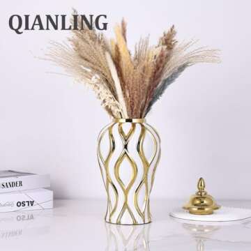 16.8" White and Gold Luxury Ceramic Ginger Jar with Vase Lid - Modern Geometry Ginger Jar Decorative Vase for Home Decor, Living Room, Kitchen, Dining Table, Cabinet, Bookshelf Decor, Storage Jar