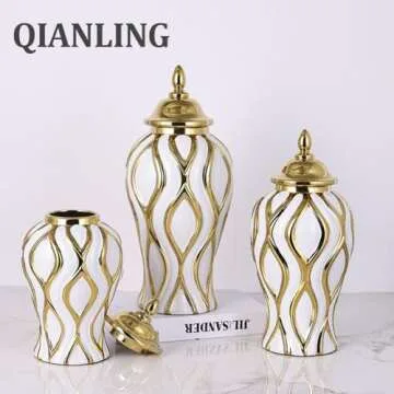 16.8" White and Gold Luxury Ceramic Ginger Jar with Vase Lid - Modern Geometry Ginger Jar Decorative Vase for Home Decor, Living Room, Kitchen, Dining Table, Cabinet, Bookshelf Decor, Storage Jar