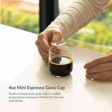 zenco living Espresso Cups (4 Ounce) with Large Handle, Set of 6 - Glass Coffee Cups for Nespresso Lungo, Double Espresso, Cortado