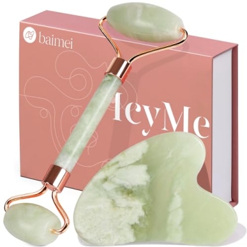 BAIMEI Jade Roller & Gua Sha Set Face Roller and Gua Sha Facial Tools for Skin Care Routine and Puff...
