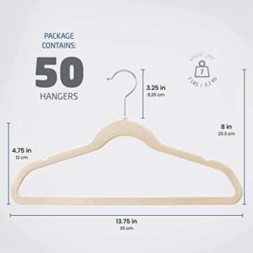 Zober Velvet Kids Hangers for Closet - Pack of 50 Non Slip Childrens Hangers for Shirts, Pants & Dresses w/Swivel Hook - Durable Kids Clothes Hanger w/Notches - Small Hangers - Ivory