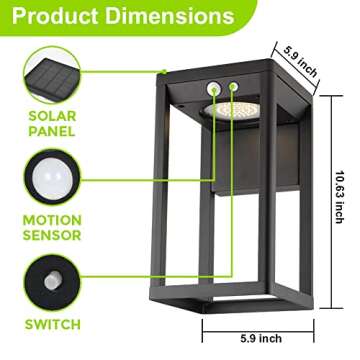 BRIMMEL Solar Porch Lights Outdoor, Dusk to Dawn Motion Sensor Lights Waterproof, 2 Pack Solar Wall Lights with 3 Modes for Patio Porch Garage Front Door Decoration, Aluminum, Black