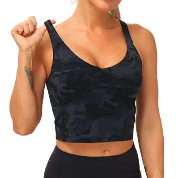 THE GYM PEOPLE Womens Camo Longline Sports Bra Wirefree Padded Medium Support Yoga Bras Gym Running ...