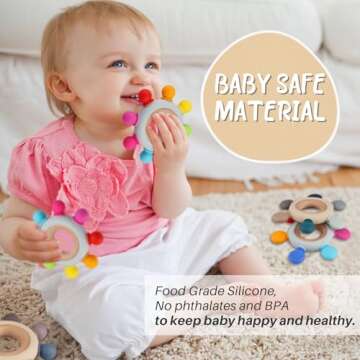 Baby Teething Toys, Silicone Chewable Teethers with Wooden Ring for Soothing Babies Gums, Rudder Che...