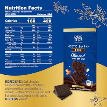 ChocZero Keto Bark Dark Chocolate Almonds Sugar Free