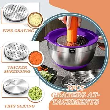 Umite Chef Mixing Bowls with Airtight Lids, 26Pcs Stainless Steel Bowls Set, 3 Grater Attachments & Colorful Non-Slip Bottoms Size 7, 4, 2.5, 2.0,1.5, 1QT, Great for Mixing & Serving