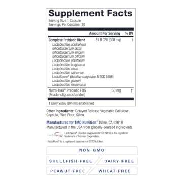 1MD Nutrition Complete Probiotics Platinum - w/Prebiotics and Probiotics for Digestive Health - Probiotic Supplement for Women & Men - More Than 50 Billion Live CFU 11 Strains Dairy-Free - 30 Caps