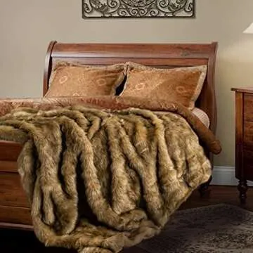 BATTILO HOME Golden Faux Fur Throw Blanket for Couch Sofa, Long Pile Fur Blankets and Throws, Elegant, Fluffy Thick Warm Heavyweight Fur Blanket Reversible to Plush Velvet, 50"x60"