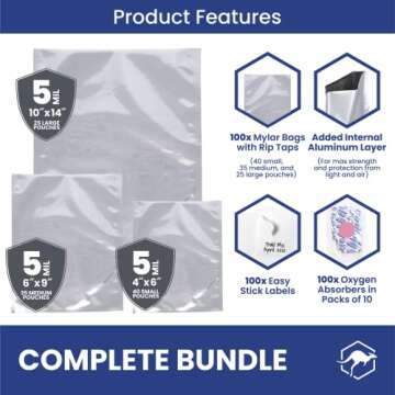 Wallaby 100ct Multi-Size Mylar Bags, 400cc Oxygen Absorbers, 10 Mil Thick, 1-Gal 10x14, 1-Qt 8x12, 1...