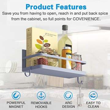 Thipoten Magnetic Spice Rack, Strong Magnetic Shelf with 2 Removable Hooks, Perfect Space Saver for ...