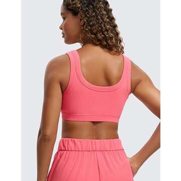 CRZ YOGA Ribbed Sports Bras for Women - U Back Wireless Medium Impact Padded Yoga Workout Cami Raspb...