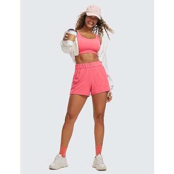 CRZ YOGA Ribbed Sports Bras for Women - U Back Wireless Medium Impact Padded Yoga Workout Cami Raspberry Sorbet Small