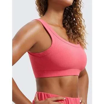 CRZ YOGA Ribbed Sports Bras for Women - U Back Wireless Medium Impact Padded Yoga Workout Cami Raspberry Sorbet Small