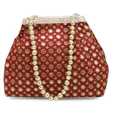 Indian Ethnic Designer Embroidered Silk Potli Bag Batwa Pearls Handle Purse (Maroon)