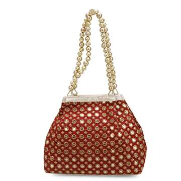 Indian Ethnic Designer Embroidered Silk Potli Bag Batwa Pearls Handle Purse (Maroon)