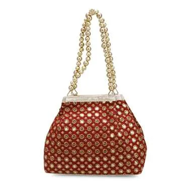 Indian Ethnic Designer Embroidered Silk Potli Bag Batwa Pearls Handle Purse (Maroon)