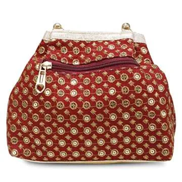Indian Ethnic Designer Embroidered Silk Potli Bag Batwa Pearls Handle Purse (Maroon)