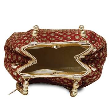 Indian Ethnic Designer Embroidered Silk Potli Bag Batwa Pearls Handle Purse (Maroon)