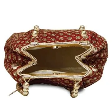 Indian Ethnic Designer Embroidered Silk Potli Bag Batwa Pearls Handle Purse (Maroon)
