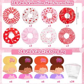 24 Pack Class Valentines Day Gifts for Kids Girls Bulk, Girl Valentines for ClassValentines Day Cards with Valentine Hair Scrunchies - Valentine Gift Classroom Exchange Girls