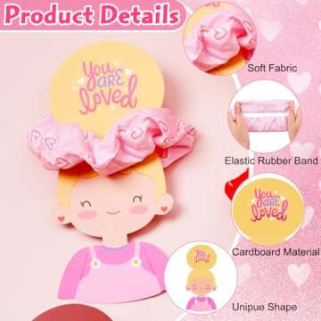 24 Pack Class Valentines Day Gifts for Kids Girls Bulk, Girl Valentines for ClassValentines Day Cards with Valentine Hair Scrunchies - Valentine Gift Classroom Exchange Girls
