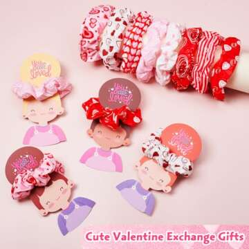 24 Pack Class Valentines Day Gifts for Kids Girls Bulk, Girl Valentines for ClassValentines Day Cards with Valentine Hair Scrunchies - Valentine Gift Classroom Exchange Girls