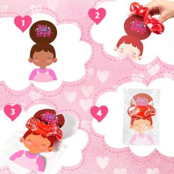 24 Pack Class Valentines Day Gifts for Kids Girls Bulk, Girl Valentines for ClassValentines Day Cards with Valentine Hair Scrunchies - Valentine Gift Classroom Exchange Girls