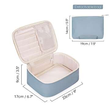 Narwey Travel Makeup Bag with Brush Compartments，Portable Cosmetic Bag，Make up Bag Makeup Organizer Case with Brush Storage for Women (Greyish Blue-1)