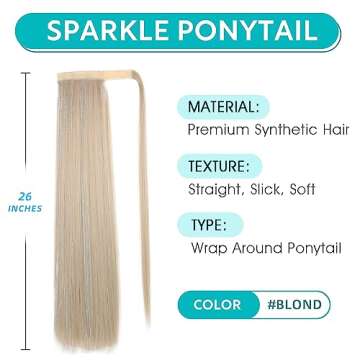 WIGNEE 26 Inches Straight Ponytail Extension with Hair Tinsel Blonde Ponytail Extension Wrap Around ...