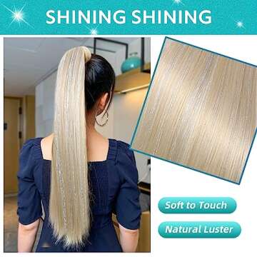 WIGNEE 26 Inches Straight Ponytail Extension with Hair Tinsel Blonde Ponytail Extension Wrap Around Ponytail Extension For Black Women Tinsel Hair Extensions Fake Ponytail (Blond)