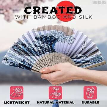 Japanese Fan Hand Held Foldable Fan - Portable Fan Handheld Bamboo Fans Japanese Vintage Hand Fan for Women Retro Fan - Handheld Fan Folding Kanagawa Wave Vintage Retro Style Handheld Japanese Decor