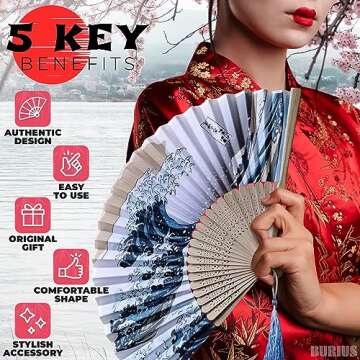 Japanese Fan Hand Held Foldable Fan - Portable Fan Handheld Bamboo Fans Japanese Vintage Hand Fan for Women Retro Fan - Handheld Fan Folding Kanagawa Wave Vintage Retro Style Handheld Japanese Decor
