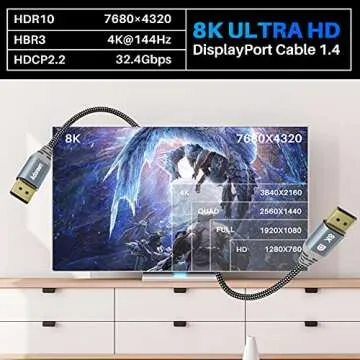 8K DisplayPort 1.4 Cable 15 Feet,Adoreen DP Cord From 1.5-30FT (8K@60Hz 4K@144Hz 1080P@240Hz 2K 32.4Gbps) HBR3 HDCP HDR,FreeSync G-Sync,Braided Display Port for Monitor 3090 Graphics + 5 Ties-NOT HDMI