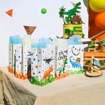 WERNNSAI Watercolor Dinosaur Party Bags - 16 Pack Dinosaur Party Favor Bags for Boys Kids Dino Theme Party Supplies Candy Treat Goodies Gift Bags with Handle