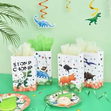 WERNNSAI Watercolor Dinosaur Party Bags - 16 Pack Dinosaur Party Favor Bags for Boys Kids Dino Theme Party Supplies Candy Treat Goodies Gift Bags with Handle